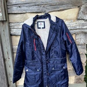 Urban Republic Navy Coat with Red Accents and Faux Fleece Lined Hoodie Size M